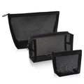 Set of 3 black nylon mesh makeup bags in large, medium, and small sizes with zippers - Black 3-Piece Set
