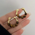 Golden streamline earrings featuring five brown tiger eye stone beads for a vintage look - Golden Streamline Tiger Eye Bead In-Ear Style (2#)
