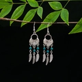 Ethnic style silver alloy drop earrings with turquoise beads and feather tassels on black - Ancient Silver Cyan Feather Tassel(E5775-19)