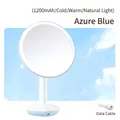 Sky blue LED desktop makeup mirror with 1200mAh battery and USB cable in three light modes - Large Round Mirror/Tri-Color / Blue