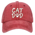 Washed red cotton baseball cap featuring CAT DAD embroidery and paw print design - Washed Red CAT DAD Embroidery Baseball Cap