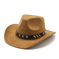 Brown faux suede western cowboy hat with studded black leather band on white background - M (56-59cm) / Khaki