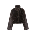 Short dark brown faux fur jacket with high collar and large pockets on white background - XS / Coffee