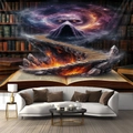 Vista detallada del tapiz de Halloween con libro místico y escaleras cósmicas de fantasía - 150x130cm / Biblioteca Mágica (S02)