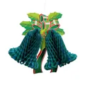 Campana di Natale in carta a nido d'ape verde con fiocco rosso e decorazione di agrifoglio - Decorazione a Doppia Campana Verde