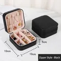Portable black cross-pattern leather jewelry box with zipper and 10x10x5cm dimensions - Basic Style / Black