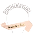Close-up of sparkling rhinestone birthday girl headband and pink satin sash for party - Birthday Girl / Silver Jewelry Set