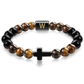 Tiger eye and obsidian beaded bracelet with black cross and golden letter W charm - Letter W