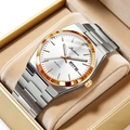 Elegant men's quartz watch with silver steel strap, gold bezel, and dual date display - Two Tone Rose Gold White Dial (EU Standard + Butterfly Clasp)