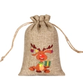 Linen Christmas drawstring gift bag with colorful cartoon reindeer and bell design - Reindeer Holding Gift B-03 / 10*15cm