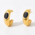 Golden C-shaped stainless steel earrings with centered oval black gemstone detail - Gold Base Black Stone (KDE907)