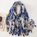 Long lightweight scarf featuring blue and beige geometric patterns with fringe tassels - C1108 Abstract Geometric Blue Brown Beige