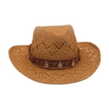 Brown woven straw cowboy hat featuring ethnic band and vintage metal coin charms - Khaki (Silver Coin Decor)