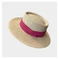 Women's woven straw sun hat with a vibrant fuchsia ribbon for summer vacations - 55-58cm Adjustable / Beige with Rose Red Ribbon