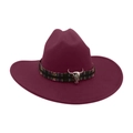 Classic burgundy fedora felt cowboy hat with ethnic braided band and silver bull head charm - Burgundy