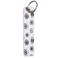 Detailed view of white faux leather keychain featuring vibrant blue evil eye pattern prints - Dense Evil Eye Pattern Style (BE1657MI04)