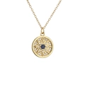 Golden sun compass pendant necklace with blue center stone and white zircon accents - Compass Starburst Eye