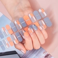 Detail of gradient orange and grey nail wraps with silver lines shown on model hand - Orange Grey White Gradient Silver Line Geometric Style (SS-040)