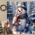 Close-up of festive Christmas snowman shower curtain with silver rings in a cozy bathroom - Winter Forest Snowman (24-7)