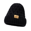 Winter black cable knit beanie for men with fleece lining and brown leather patch logo - Black
