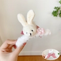 Winter plush bunny shark hair claw clip in white faux fur with red checkered bow detail - White Plush Rabbit Bowknot Hair Claw