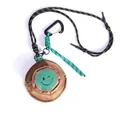Detailed view of mini brown coin purse with green winking smile and woven lanyard accessory - Khaki Smile Neck-hanging