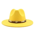Detail of yellow wool fedora hat with brown leather band and golden shell accessory - Yellow