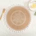 Detail of round jute placemat with white mandala print, lace trim and pom poms - White Pom-poms Pattern 4