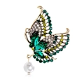 Elegant crystal butterfly brooch with colored rhinestones and white pearl pendant on white background - Bronze