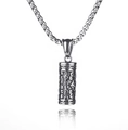 Macro detail of silver cylinder pendant with engraved scroll patterns on box chain - Six-Syllable Mantra + Titanium Steel Chain