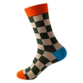 Vintage karierte Socken in Dunkelgrün und Beige mit Akzenten in Orange und Blau - Dunkelgrün Beige Orange Blau Kontrast