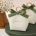 Elegant geometric cream gift box with wood ring handle and dark green satin bow - Wooden Ring Handle / Beige European Style + Green Ribbon
