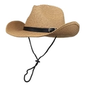 Classic straw cowboy hat with black leather band and adjustable chin strap for outdoor sun protection - M (56-58cm) / Khaki