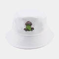 White cotton bucket hat with cute cartoon frog and mushroom embroidery for outdoors - M (56-58cm) / White