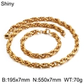 Polished gold stainless steel rope chain jewelry set with 7mm necklace and bracelet - Gold (KS107266-Z)
