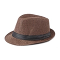 Detail van donkerbruine geweven fedora hoed met klassieke zwarte lintband en textuurafwerking - M (56-58cm) / koffiekleur