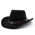 Close-up of black suede cowboy hat with brown leather band and silver metal studs - M (56-58cm) / Black