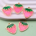 Set of five pink and green strawberry fruit charms for DIY jewelry with gold metal plating - Style 39
