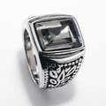 Detailed close-up of retro silver stainless steel ring with rectangle dark gemstone - Steel Color Mineral Black Gemstone