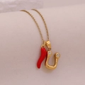 Golden chili and rhinestone horseshoe pendant necklace on minimalist O-link chain - Letter U(U)