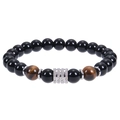 10mm black obsidian and tiger eye bead bracelet with silver diamond cylinder charm - 8mm Obsidian + Yellow Tiger Eye Bracelet