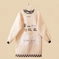 Waterproof cream long-sleeved kitchen apron with large pocket and black checkered hem - Cream (Long Sleeve Smock)