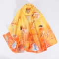 Detail of bird and plum blossom print on orange gradient chiffon long scarf for women - Yellow