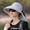 Grey wide brim sun hat with neck protection and windproof strap for hiking - Light Gray