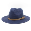Detailed close-up of navy woven fedora hat with brown leather band and gold metal buckle - M (56-58cm) / Navy Blue / Red Underbrim