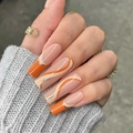 Long square orange wavy nails with gold glitter and French tip accents for autumn style - Orange Wavy French Style (JP1456)