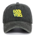Detail of colorful GOOD VIBES 3D embroidery on washed cotton charcoal baseball cap - Army Green