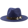Detail of navy blue straw Panama hat featuring leopard print band and pearl embellishments - M (56-58cm) / Navy Blue