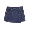 Gonna pantalone di jeans blu scuro da donna con design asimmetrico e bottoni argento - XS / Pantaloncini Blu Scuro