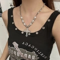 Baroque pearl necklace with silver cross pendant and punk style metal chain - 88#X1248A (Vintage Cross Metal Bead Necklace)